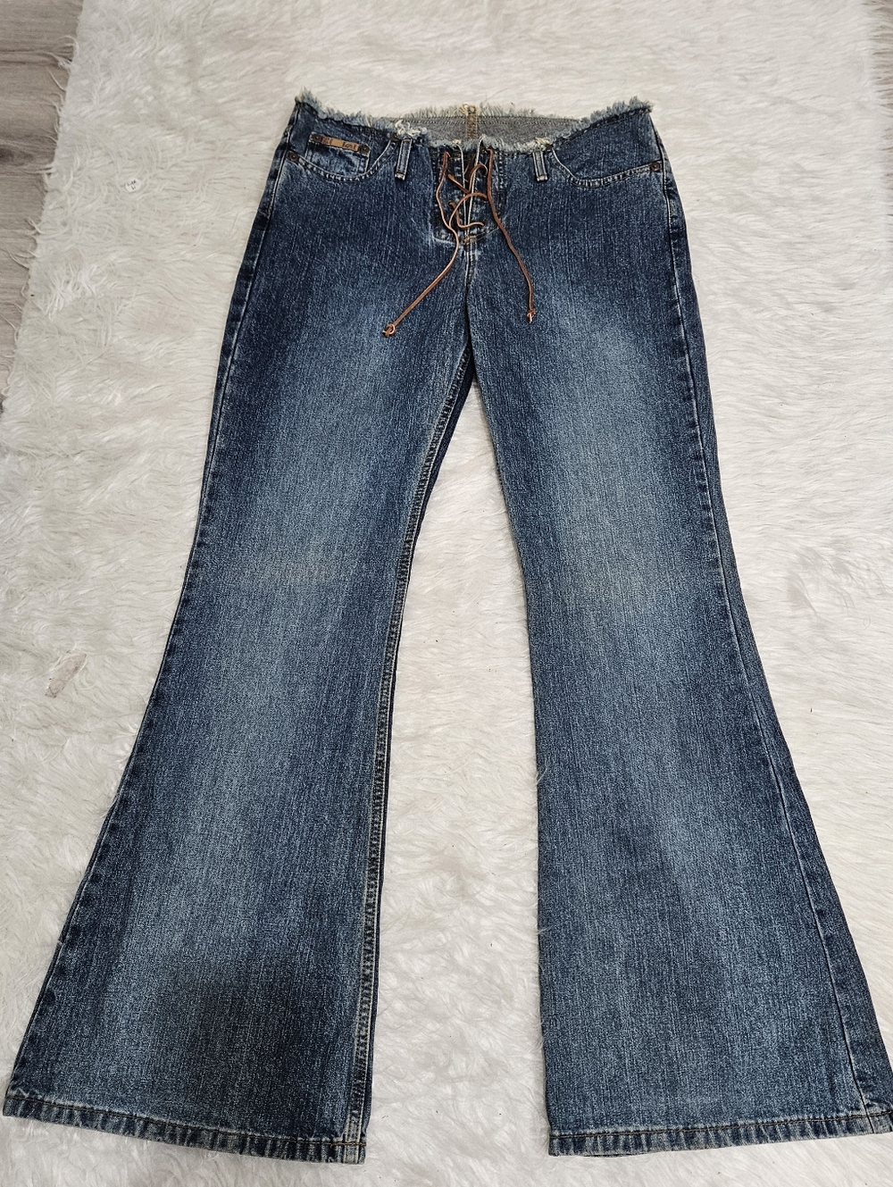 Vintage 90s Early 2000s Women’s Blue Flared Jeans with Lace-Up Waist